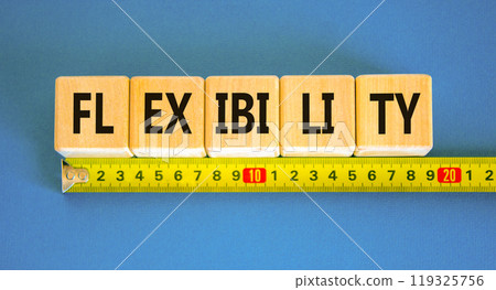 Flexibility symbol. Concept word Flexibility on beautiful wooden blocks. Beautiful blue background. Beautiful yellow ruler. Business flexibility concept. Copy space. 119325756