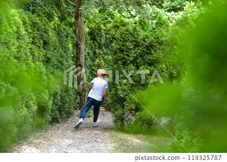 Kid baby toddler playing in tree labyrinth park sunny day. Belarus, Minsk,2023 Kid baby toddler playing in tree labyrinth park sunny day. Belarus, Minsk,2023 119325787