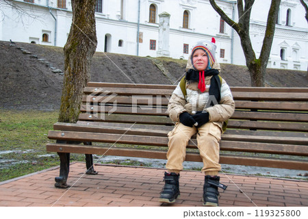 Little boy sits on bench in the park and looks at the leaves. 119325800