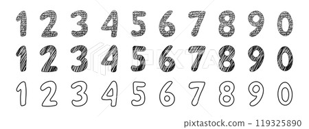 Doodle number, set numeric outline comic figure. 1 to 0 hand drawn numbers. Sketch marker stroke. Doodle number, set numeric outline comic figure. 1 to 0 hand drawn numbers. Sketch marker stroke. 119325890