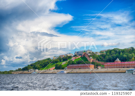 Panoramic view of the Nizhny Novgorod Kremlin on a sunny day with beautiful sky. View from the Volga River 119325907