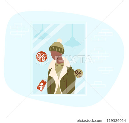 Discount showcase with mannequin in winter male clothing sheepskin coat, knitted hat and scarf with price tag on sale. Holiday seasonal sale, shopping for gifts and clothes. Vector illustration. 119326034