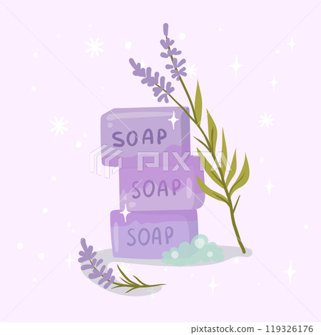 Lavender soothing handmade soap with lavender flowers and foam. Vector illustration Lavender soothing handmade soap with lavender flowers and foam. Vector illustration 119326176