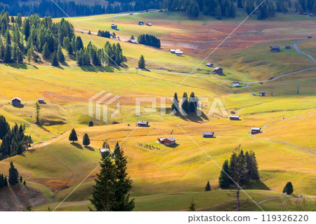 Alpe di Siusi, Italy aerial panorama, Dolomites Alpe di Siusi, Italy aerial panorama, Dolomites 119326220