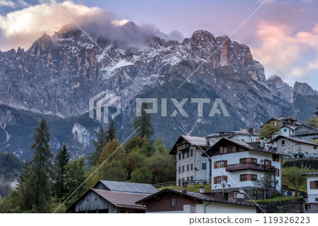 Italian Dolomite Alps mountains sunrise, Italy Italian Dolomite Alps mountains sunrise, Italy 119326223