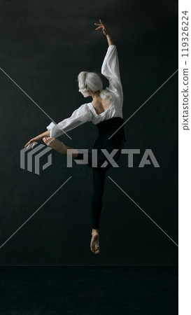 Leap frozen in time, where aristocratic grace meets fluidity of contemporary ballet. Young man dressed vintage style clothes in action. Leap frozen in time, where aristocratic grace meets fluidity of contemporary ballet. Young man dressed vintage style clothes in action. 119326224