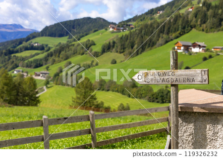 Santa Maddalena hiking arrow, Dolomites, Italy 119326232