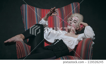 Lazily blowing bubblegum, historical character looks detached and casual. Scene blends old-world elegance with modern nonchalance. Lazily blowing bubblegum, historical character looks detached and casual. Scene blends old-world elegance with modern nonchalance. 119326245