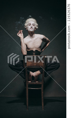 Historical male character smokes with exaggerated elegance, embodying odd blend of classical indulgence and modern surrealist energy. Historical male character smokes with exaggerated elegance, embodying odd blend of classical indulgence and modern surrealist energy. 119326376