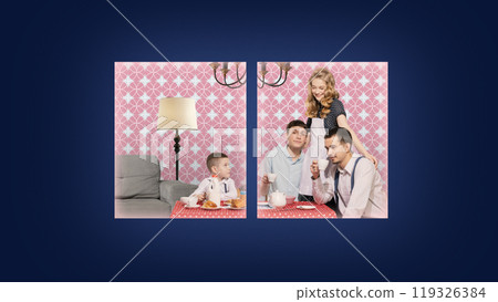 Contemporary art collage. View through window, family sits at table, enjoying breakfast together in cozy, pastel-colored home. 119326384