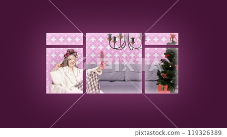 Contemporary art collage. Cheerful girl in curlers looks in mirror, celebrating cozy morning in front of Christmas tree, framed through window. 119326389