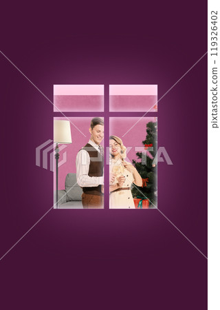 Contemporary art collage. Couple celebrating holidays by Christmas tree, seen through window, holding champagne glasses, smiling warmly at each other. 119326402