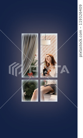 Contemporary art collage. Woman sitting by Christmas tree, looking thoughtfully as she enjoys drink, seen through window with festive decorations. 119326409