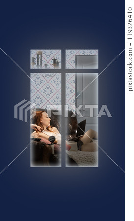 Contemporary art collage. Woman relaxing with camera and laptop, seen through window. Scene feels peaceful and cozy, showcasing modern work-from-home vibes. Contemporary art collage. Woman relaxing with camera and laptop, seen through window. Scene feels peaceful and cozy, showcasing modern work-from-home vibes. 119326410