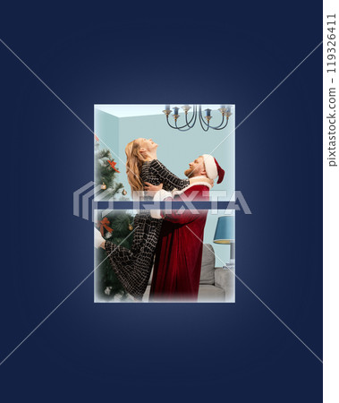 Contemporary art collage. Man dressed as Santa Claus lifts woman in joy, with Christmas tree in background, framed by window. Contemporary art collage. Man dressed as Santa Claus lifts woman in joy, with Christmas tree in background, framed by window. 119326411