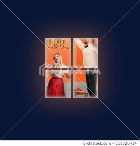 Contemporary art collage. Woman talks on phone, while man decorated home for Christmas evening, framed through window. Contemporary art collage. Woman talks on phone, while man decorated home for Christmas evening, framed through window. 119326414