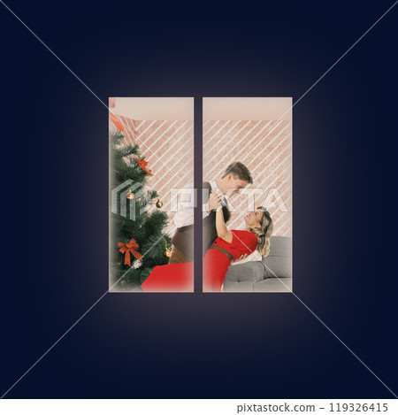 Contemporary art collage. Couple dancing next to Christmas tree, they smile warmly in the festive setting, captured through window. Contemporary art collage. Couple dancing next to Christmas tree, they smile warmly in the festive setting, captured through window. 119326415