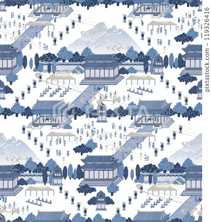 Seamless Indigo Pattern Illustration Depicting Historical Korean Events and Landscapes 119326416