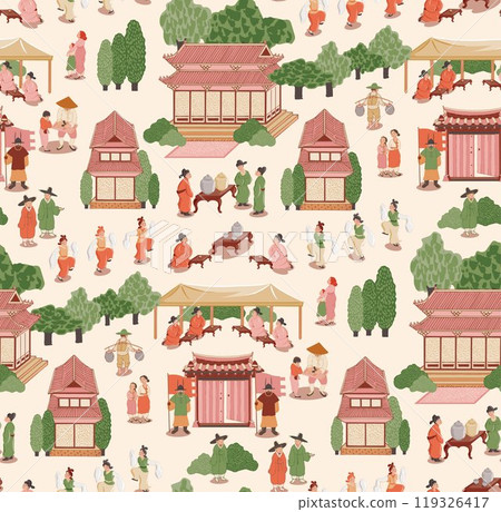 Seamless pattern vector illustration of Korean Traditional Folk Paintings Depicting Historical Events. Seamless pattern vector illustration of Korean Traditional Folk Paintings Depicting Historical Events. 119326417