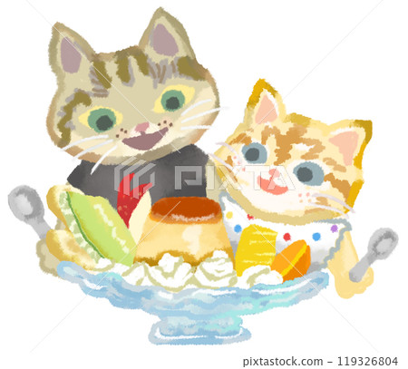 A mother and her cat enjoy a pudding a la mode 119326804