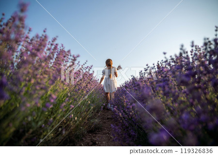 Lavender field girl. Back view happy girl in white dress with a scythe runs through a lilac field of lavender. Aromatherapy travel Lavender field girl. Back view happy girl in white dress with a scythe runs through a lilac field of lavender. Aromatherapy travel 119326836