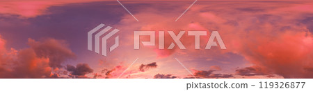 Seamless 360 HDR spherical panorama of sunset sky with vibrant pink Cumulus clouds. Full zenith or sky dome in 3D, sky replacement for aerial drone panoramas. Climate and weather change. 119326877