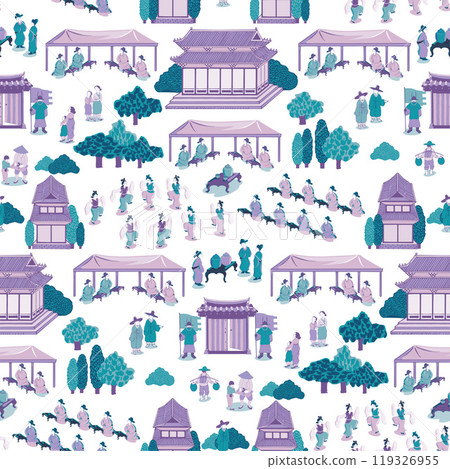 Seamless Pattern Illustration Depicting Historical Korean Events and Landscapes 119326955