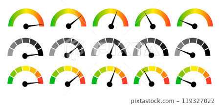 Speedometer gauge meter icons. Vector scale, level of performance. Speed indicator .Infographic of risk, gauge, score progress. Speedometer gauge meter icons. Vector scale, level of performance. Speed indicator .Infographic of risk, gauge, score progress. 119327022