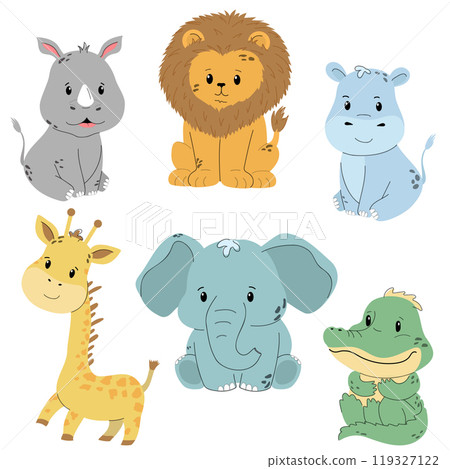 Safari childrens animals set in flat style isolated on white background, vector illustration. 119327122