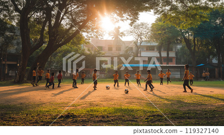 Primary school children playing football on the field 119327140