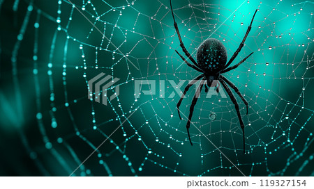 Spider web after rain with drops and black spider on dark teal background 119327154