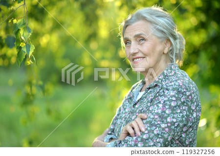 Portrait of a beautiful woman in the park in summer 119327256