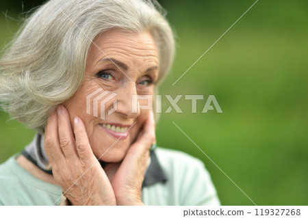 Portrait of a beautiful woman in the park in summer 119327268