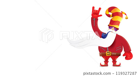 vector cool rock n roll santa claus with smoking pipe, santa beard and funky hat isolated on transparent horizontal banner background with snowflakes. Horizontal Christmas hipster party poster 119327287