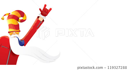 vector cool rock n roll santa claus with smoking pipe, santa beard and funky hat isolated on transparent horizontal banner background with snowflakes. Horizontal Christmas hipster party poster 119327288