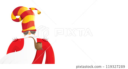 vector cool rock n roll santa claus with smoking pipe, santa beard and funky hat isolated on transparent horizontal banner background with snowflakes. Horizontal Christmas hipster party poster 119327289