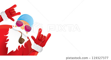 vector cool rock n roll santa claus with smoking pipe, santa beard and funky hat isolated on transparent horizontal banner background with snowflakes. Horizontal Christmas hipster party poster 119327377