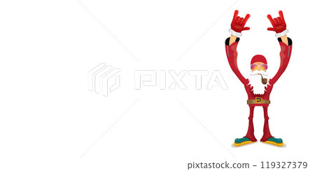 vector cool rock n roll santa claus with smoking pipe, santa beard and funky hat isolated on transparent horizontal banner background with snowflakes. Horizontal Christmas hipster party poster 119327379