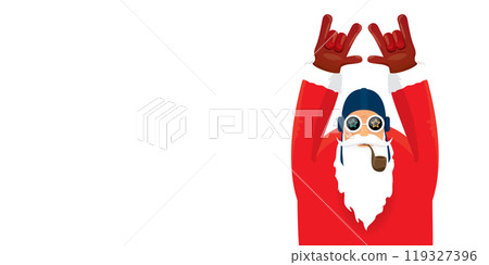 vector cool rock n roll santa claus with smoking pipe, santa beard and funky hat isolated on transparent horizontal banner background with snowflakes. Horizontal Christmas hipster party poster 119327396