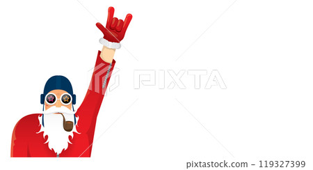 vector cool rock n roll santa claus with smoking pipe, santa beard and funky hat isolated on transparent horizontal banner background with snowflakes. Horizontal Christmas hipster party poster 119327399