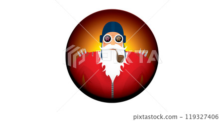 vector cool rock n roll santa claus with smoking pipe, santa beard and funky hat isolated on transparent horizontal banner background with snowflakes. Horizontal Christmas hipster party poster 119327406