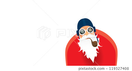 vector cool rock n roll santa claus with smoking pipe, santa beard and funky hat isolated on transparent horizontal banner background with snowflakes. Horizontal Christmas hipster party poster vector cool rock n roll santa claus with smoking pipe, santa beard and funky hat isolated on transparent horizontal banner background with snowflakes. Horizontal Christmas hipster party poster 119327408