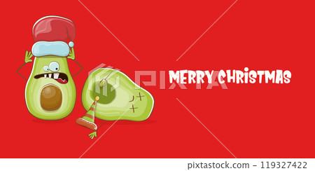 Merry chirstmas vector funky greeting horizontal banner or card with santa claus avocado character and his elf friend on red background. Vector funny christmas party poster design template 119327422