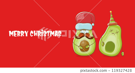Merry chirstmas vector funky greeting horizontal banner or card with santa claus avocado character and his elf friend on red background. Vector funny christmas party poster design template Merry chirstmas vector funky greeting horizontal banner or card with santa claus avocado character and his elf friend on red background. Vector funny christmas party poster design template 119327428