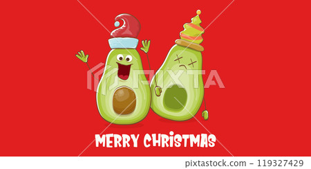 Merry chirstmas vector funky greeting horizontal banner or card with santa claus avocado character and his elf friend on red background. Vector funny christmas party poster design template Merry chirstmas vector funky greeting horizontal banner or card with santa claus avocado character and his elf friend on red background. Vector funny christmas party poster design template 119327429