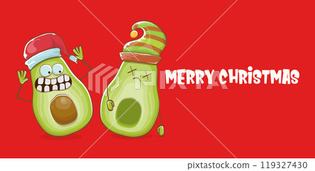 Merry chirstmas vector funky greeting horizontal banner or card with santa claus avocado character and his elf friend on red background. Vector funny christmas party poster design template 119327430