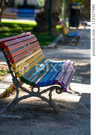 park bench painted with rainbow colors park bench painted with rainbow colors 119327490