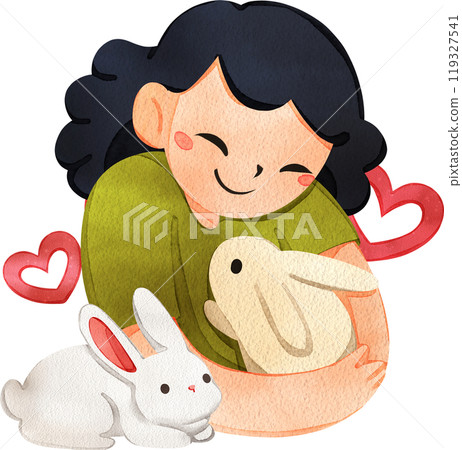 A woman is hugging a rabbit with love, hand drawn watercolor painting 119327541