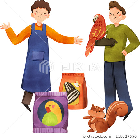 Pet food salesman and bird and squirrel breeder, hand drawn watercolor painting 119327556