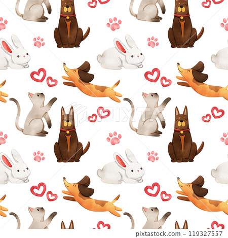 Dog, cat, rabbit, heart love, dog paw prints, hand drawn watercolor, seamless pattern design 119327557